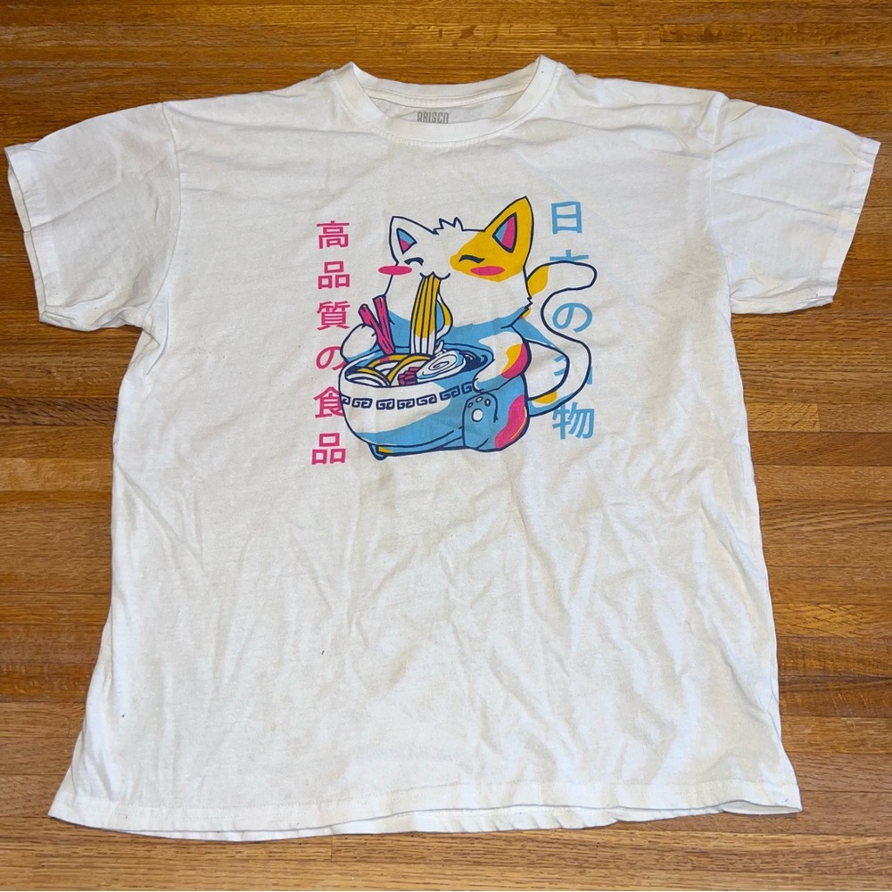 Brisco Brands LG White‎ Japanese Anime Neko Cat Eating Noodle Short Sleeve Shirt